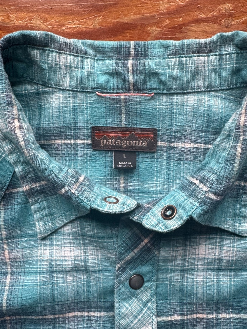 Patagonia Teal Plaid Hemp Blend Eco Long Sleeve Snap- Down. Size L.